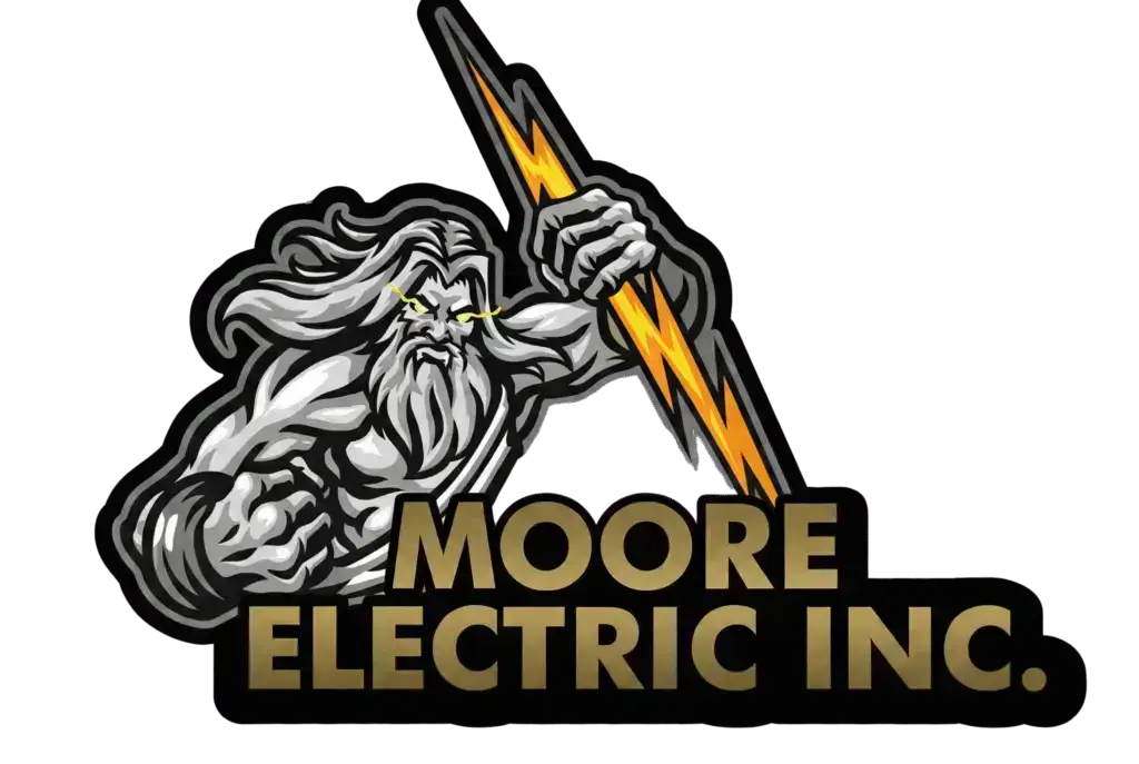 Moore Electric Inc. logo featuring a muscular figure wielding a lightning bolt, emphasizing electrical services and expertise.