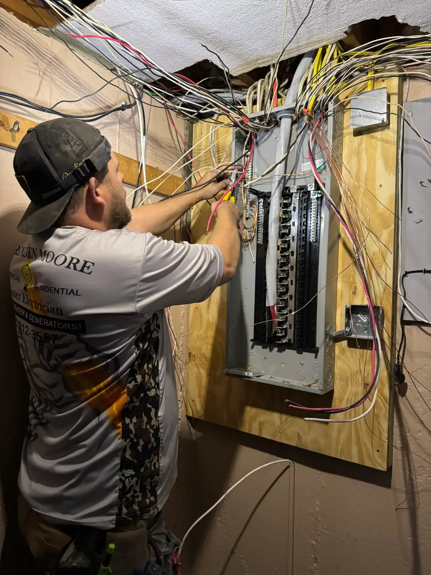 Electrician working on residential electrical panel installation, handling multiple wires in a home setting, emphasizing electrical services in Plaistow, NH.