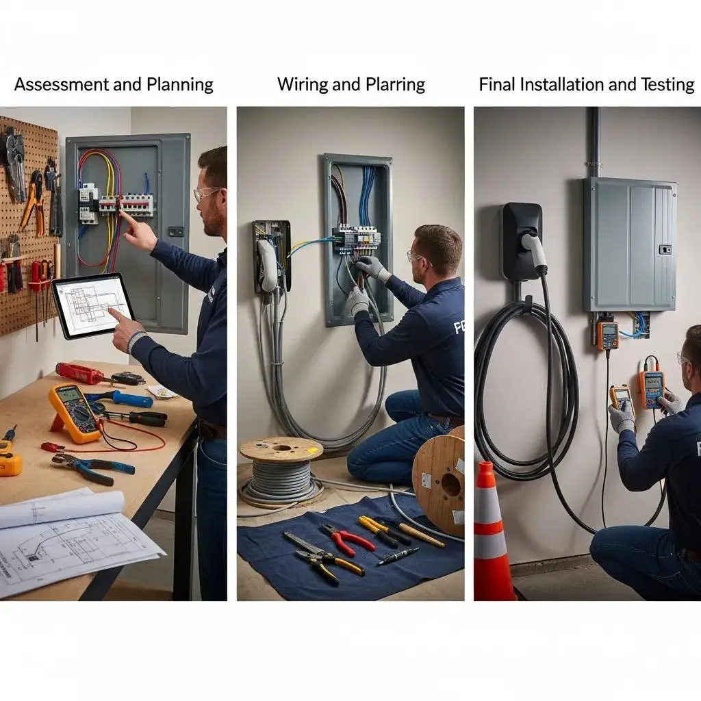 Electrician performing EV charger installation process, including panel assessment, wiring, and final testing in a residential setting, with tools and equipment visible.