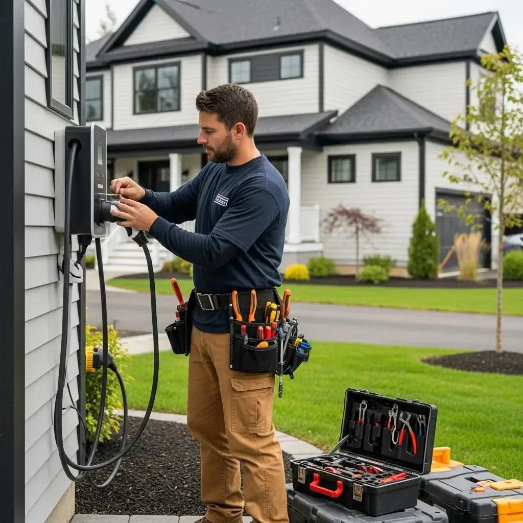 Electrician installing a Level 2 EV charger at a residential home in Plaistow, NH, with tools visible in a nearby toolbox.