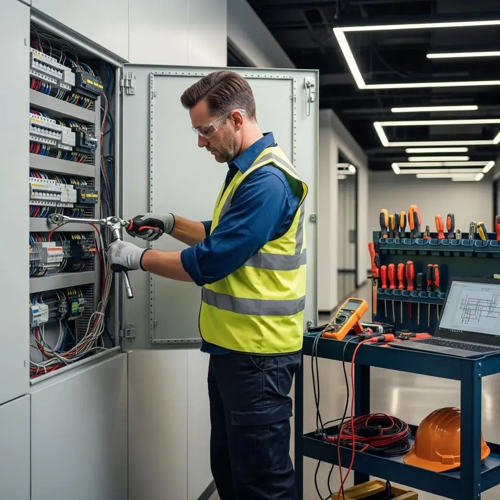 Electrician working on a commercial electrical panel in a modern office, wearing safety gear and using tools, with a tool cart and electrical testing equipment nearby.