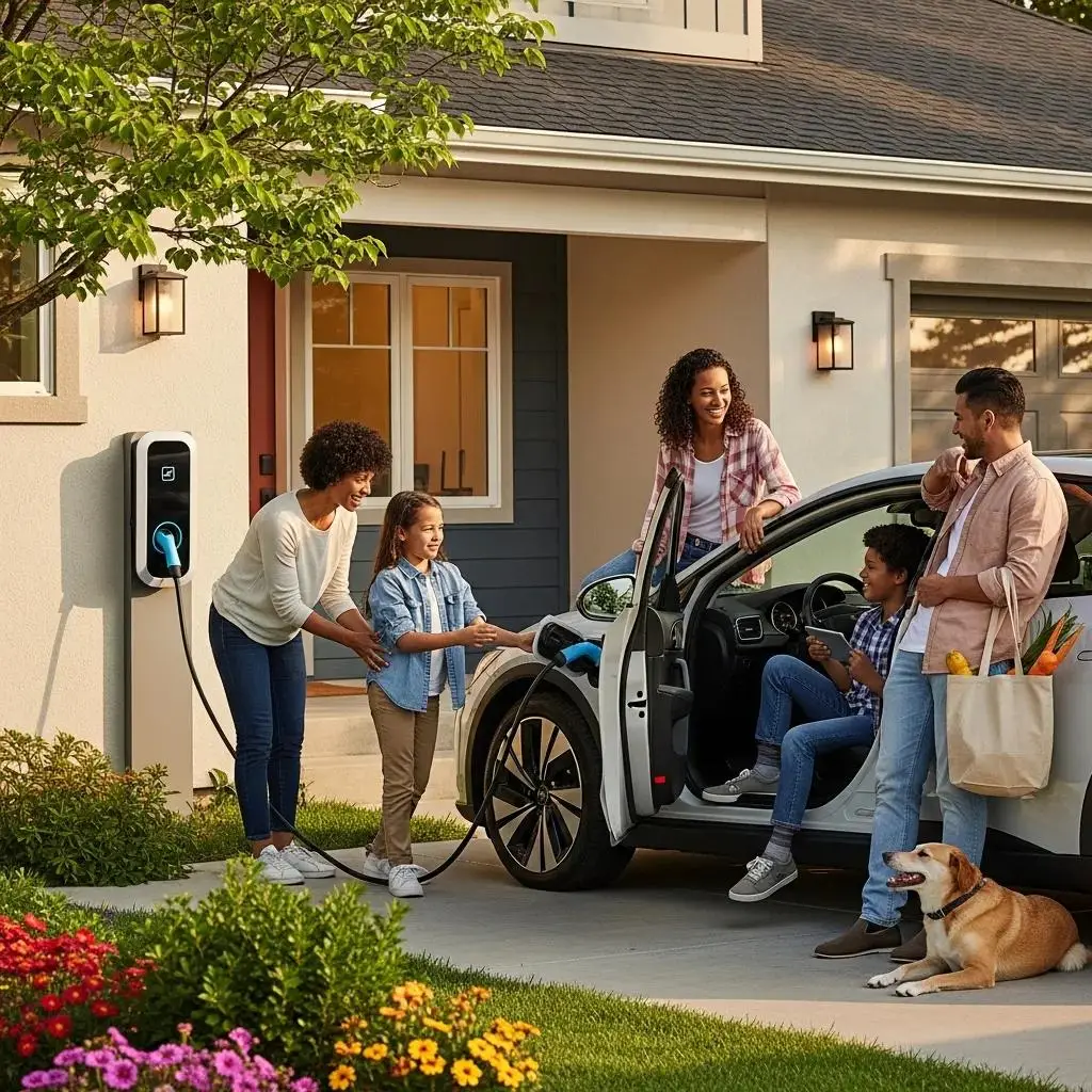 Family using a Level 2 EV charger at home, with a woman assisting a girl in connecting the charger, while two children and a man stand by an electric vehicle in a driveway, surrounded by flowers and a dog.