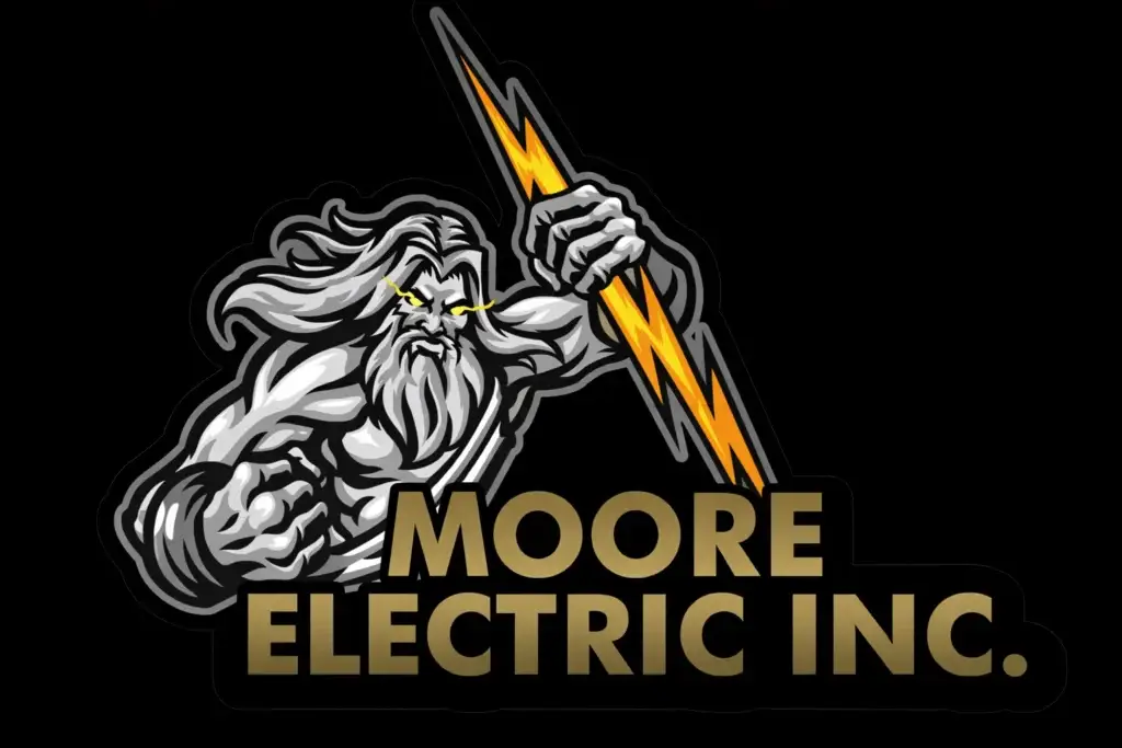 Moore Electric Inc logo featuring a muscular figure with long hair and beard, holding a lightning bolt, symbolizing strength and electrical expertise.