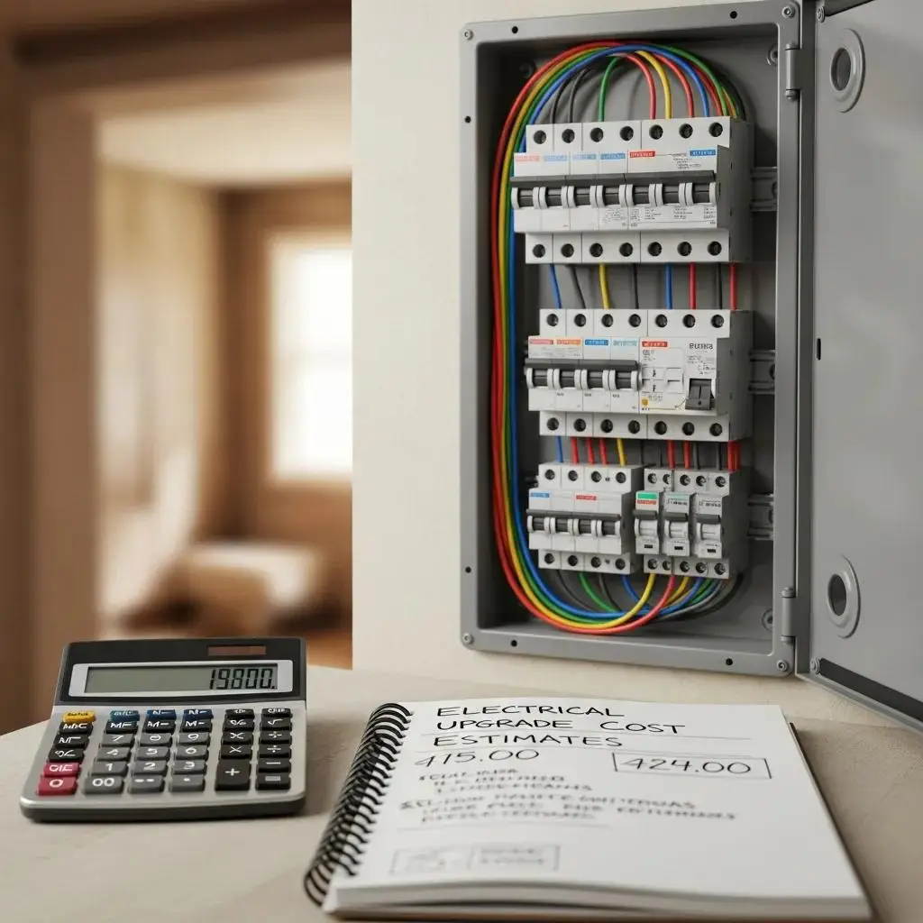 Close-up of an electrical panel with circuit breakers and colorful wiring, alongside a calculator showing $1,980.00 and a notebook titled "Electrical Upgrade Cost Estimates," in a home setting, highlighting electrical panel upgrade costs and considerations.