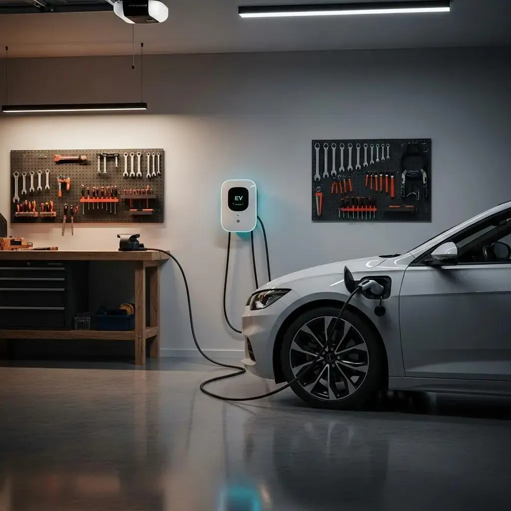 Electric vehicle charging station installed in a modern garage with a silver electric car connected, showcasing tools on the wall, emphasizing EV charger installation for homeowners in NH.
