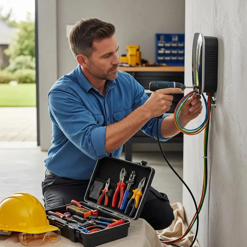 Electrician installing an EV charger in a residential garage, using tools from a nearby toolbox, with visible electrical wires and safety gear.