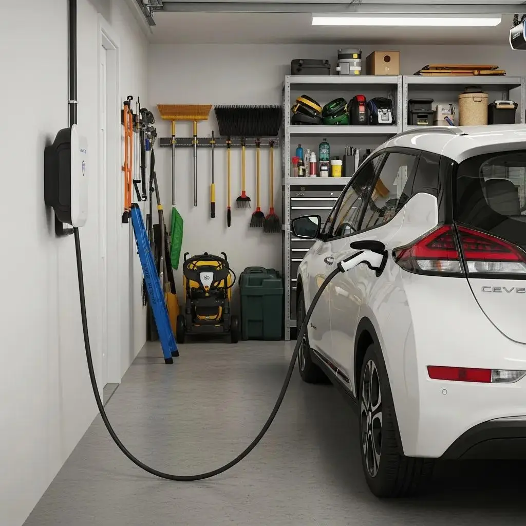Level 2 EV charger installed in residential garage next to electric vehicle, surrounded by tools and storage, illustrating home charging solutions for electric vehicles.