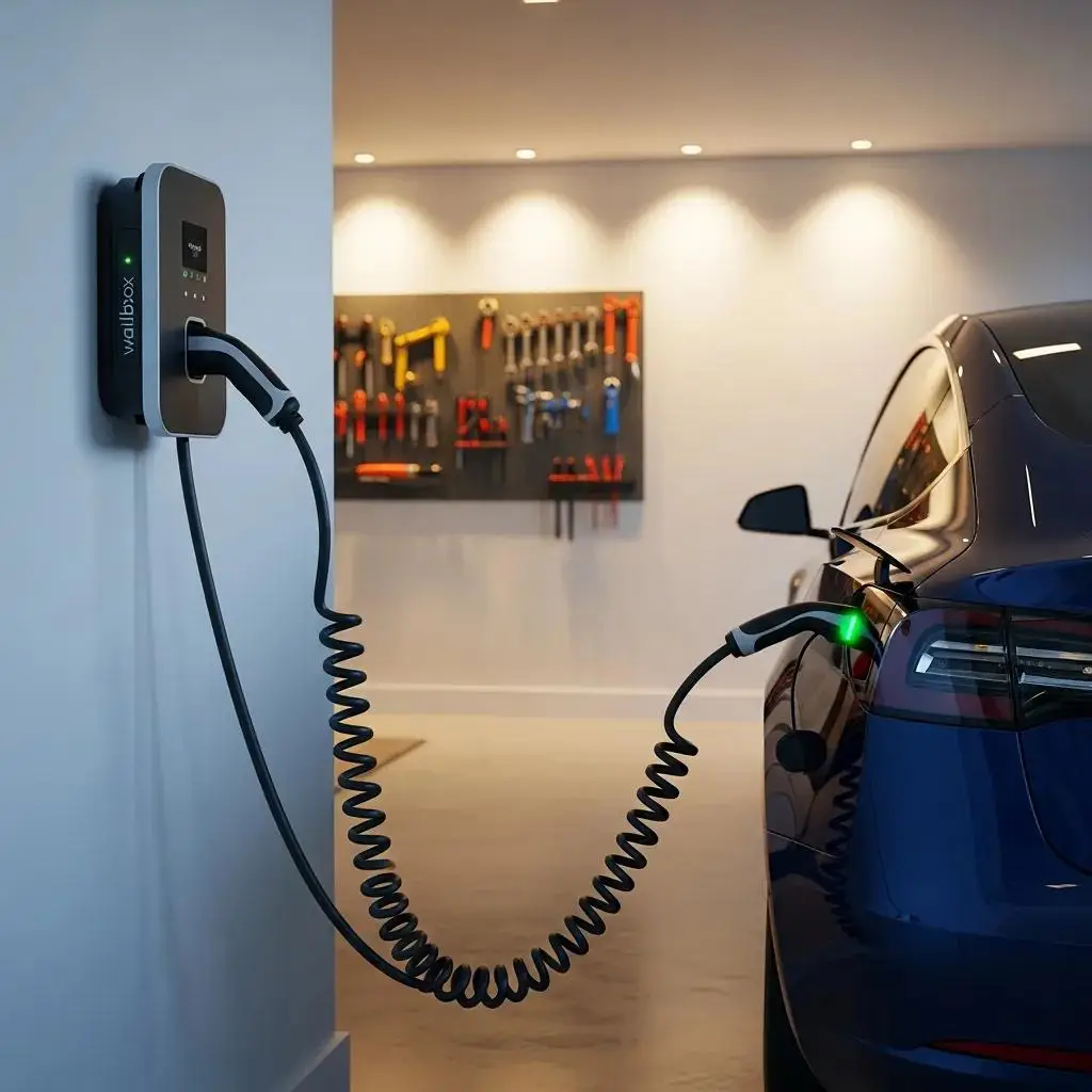 Level 2 EV charging station mounted on a wall in a residential garage, with an electric vehicle connected, showcasing modern home charging solutions and tools in the background.