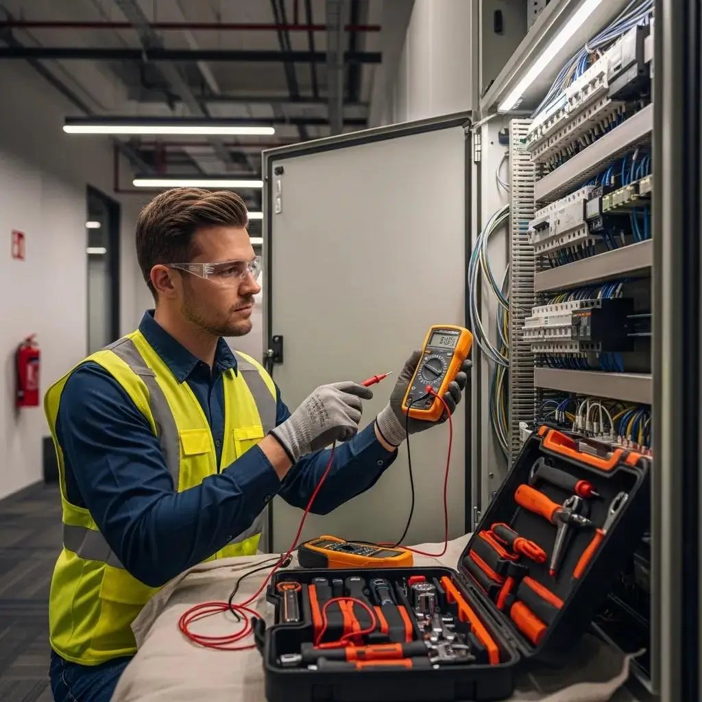 Commercial electrician inspecting electrical systems with a multimeter, emphasizing safety standards and compliance in a business environment.