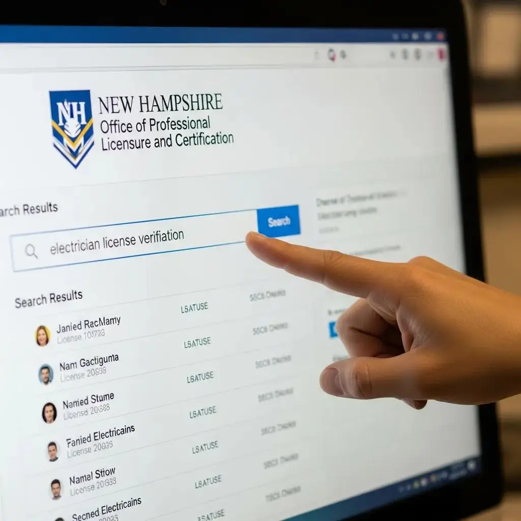 Hand pointing at computer screen displaying the New Hampshire Office of Professional Licensure and Certification website, searching for "electrician license verification."