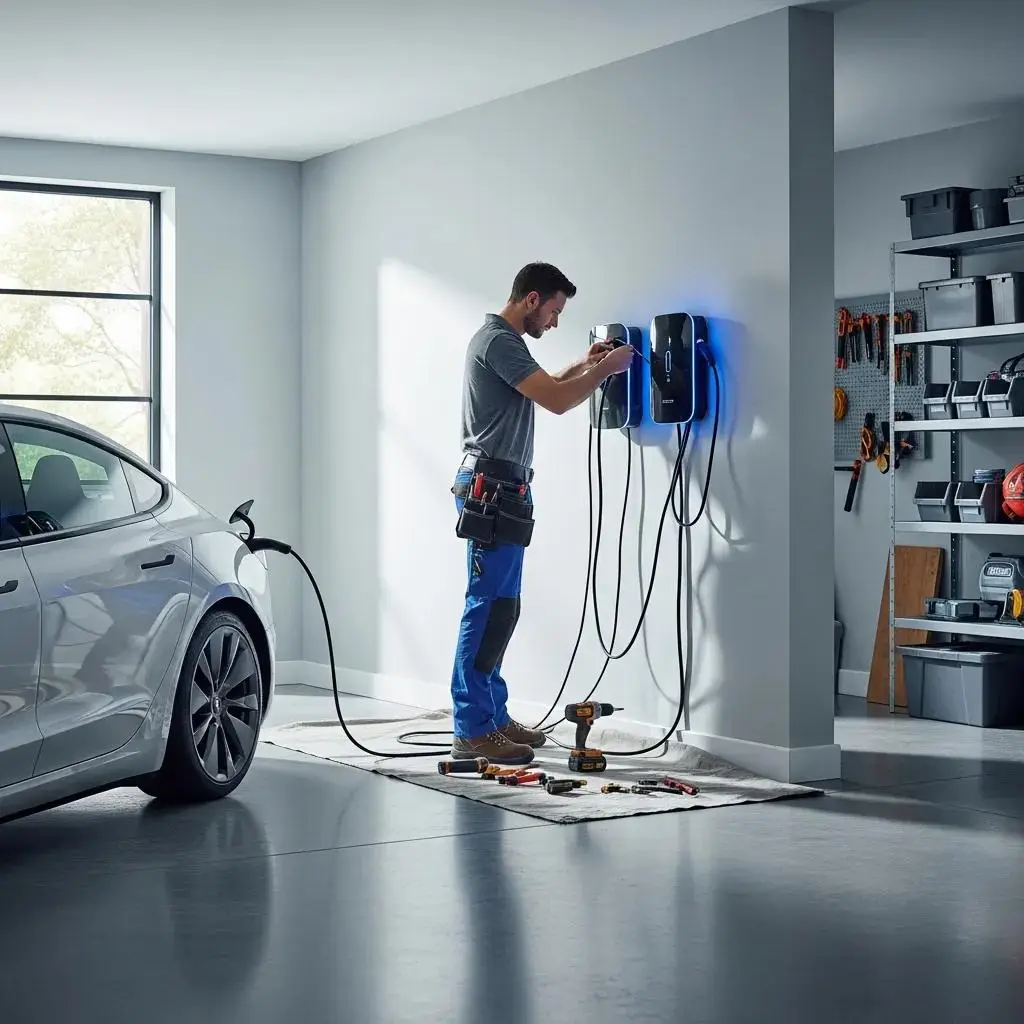 Electrician installing home EV charger in garage, showcasing modern technology and convenience for residential charging solutions.