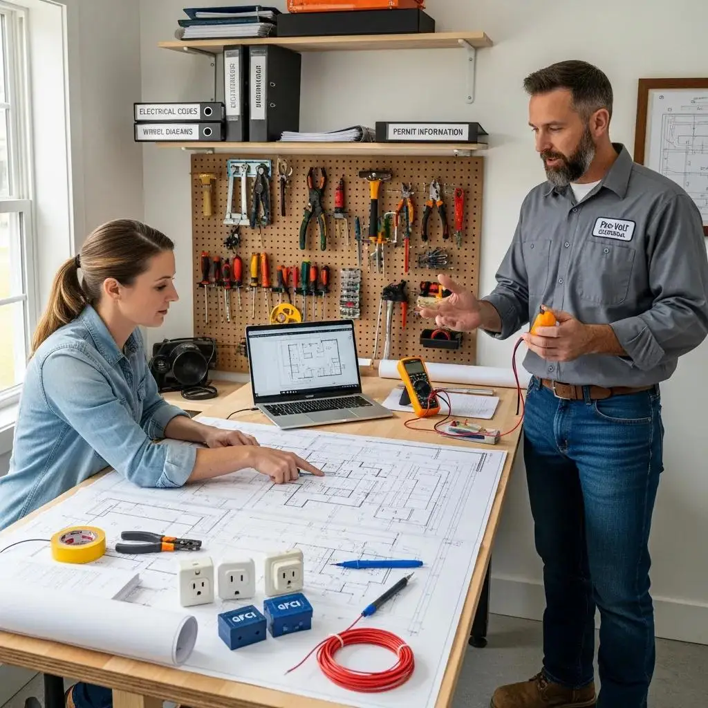 Homeowner and electrician discussing electrical blueprints in a workspace, highlighting electrical planning and safety for residential projects.