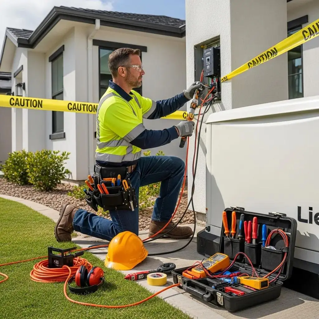Licensed electrician installing a standby generator with caution tape, tools, and safety gear, emphasizing professional installation for safe power solutions.