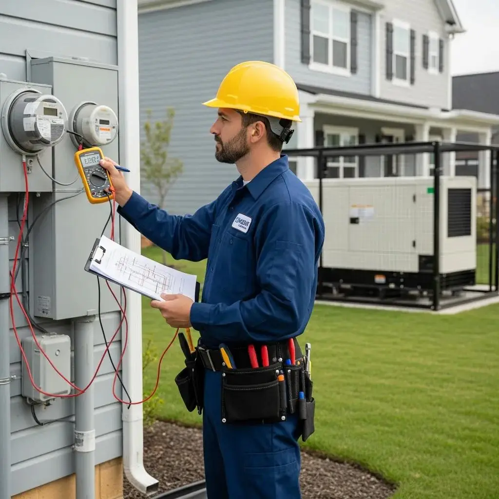 Professional technician assessing power needs for generator sizing near a residential home in New Hampshire, with a Generac generator visible in the background.