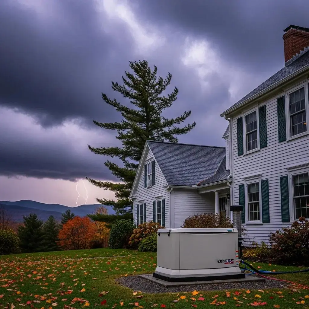 Standby generator installation outside a New Hampshire home, showcasing storm preparedness with dark clouds and lightning in the background.