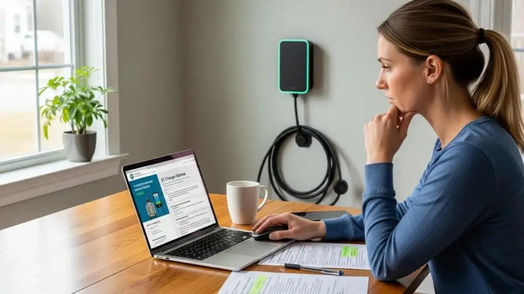 Homeowner researching EV charger rebates and incentives on a laptop with an EV charger in the background