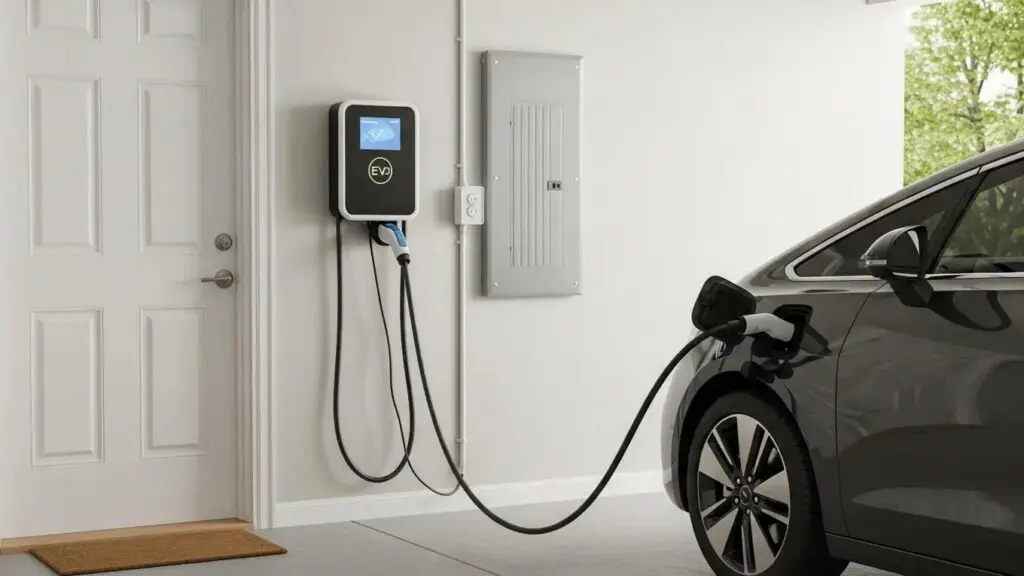 Residential EV charger installation showcasing an electric vehicle charging in a modern garage