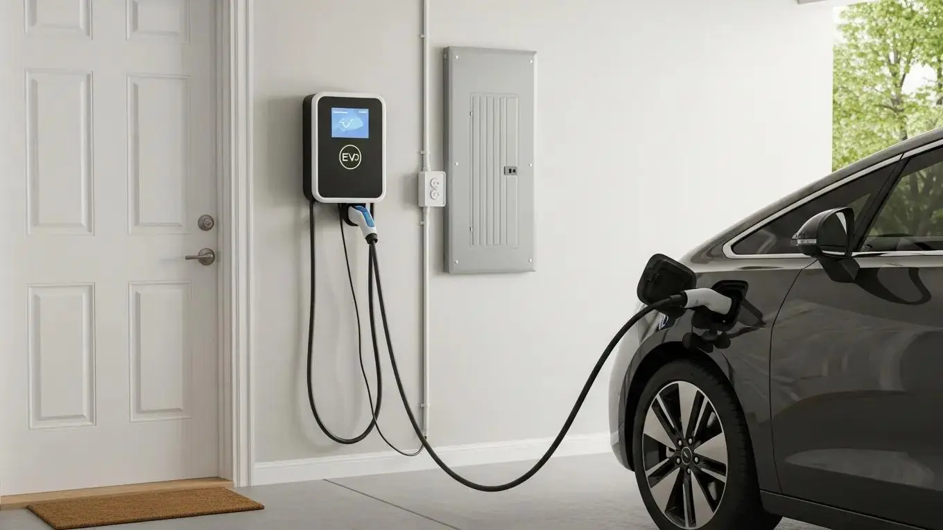 Residential EV charger installation showcasing an electric vehicle charging in a modern garage