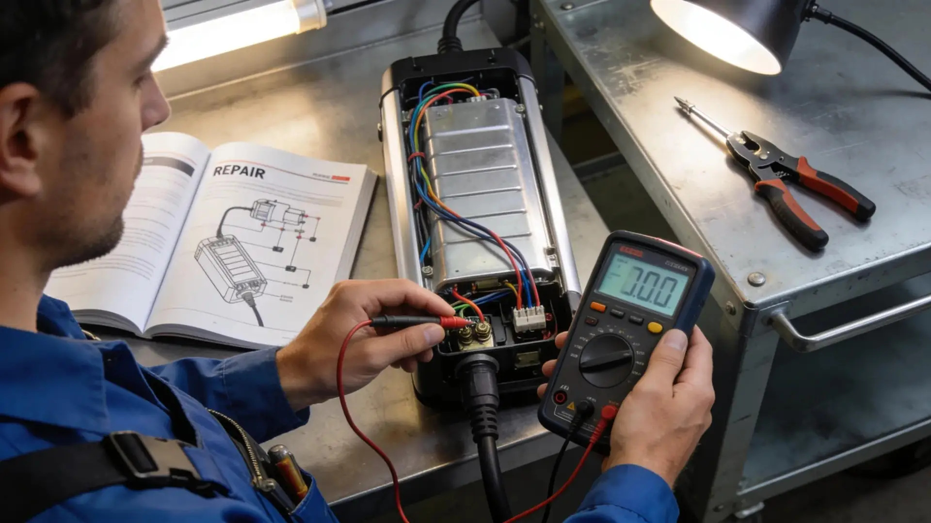 Person troubleshooting an EV charger with tools and a manual