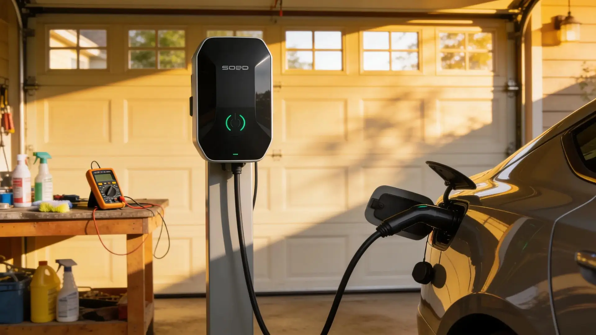 Electric vehicle charging station in a residential garage emphasizing maintenance and safety