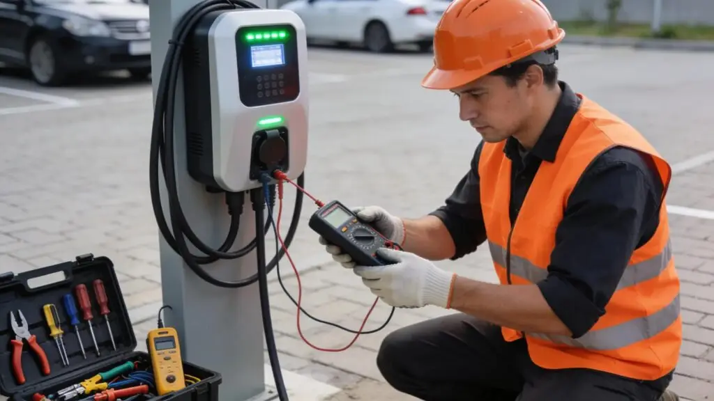 Licensed electrician servicing an outdoor EV charger