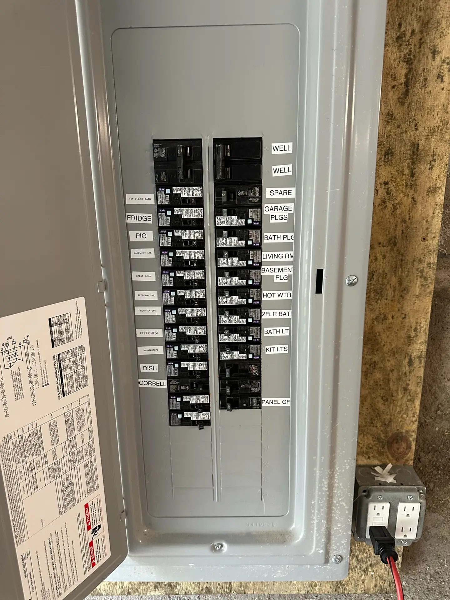 Electrical panel upgrade in Plaistow, NH showing circuit breakers for well, fridge, and living room.