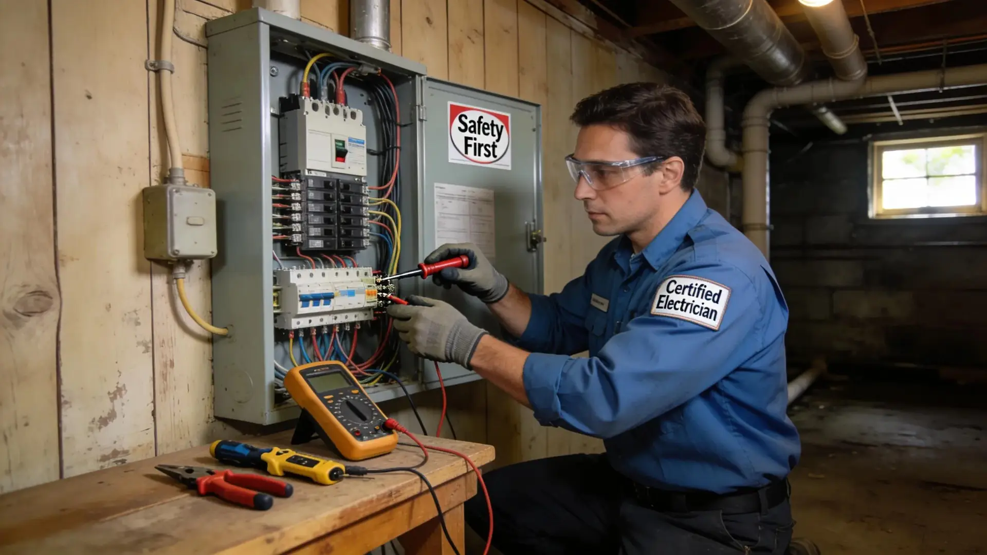 Licensed electrician upgrading an electrical panel in an older home, emphasizing safety and modern electrical standards