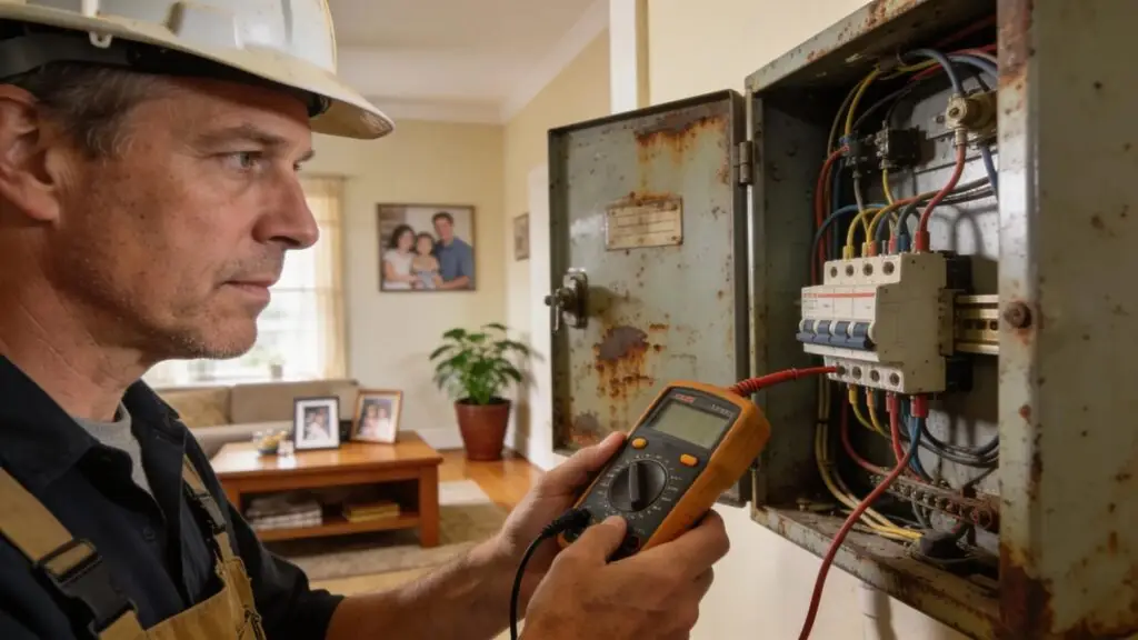 Electrician inspecting outdated electrical panel in residential home for safety and compliance