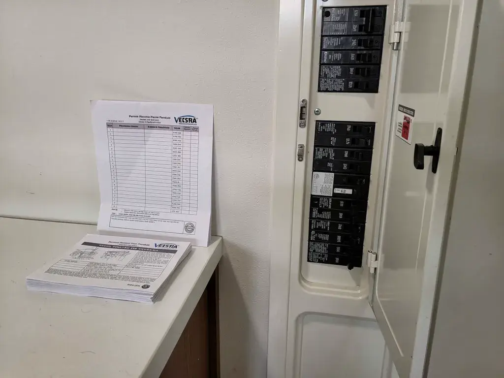 Electrical panel permit fee schedule documents next to a residential circuit breaker panel