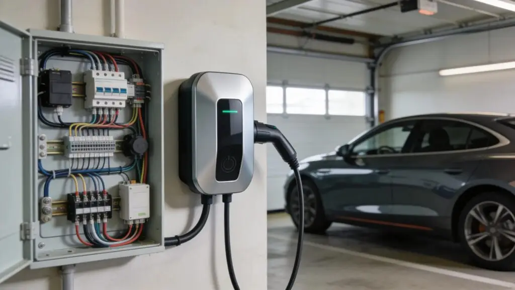 Modern EV charger linked to an electrical panel, highlighting home charging setup