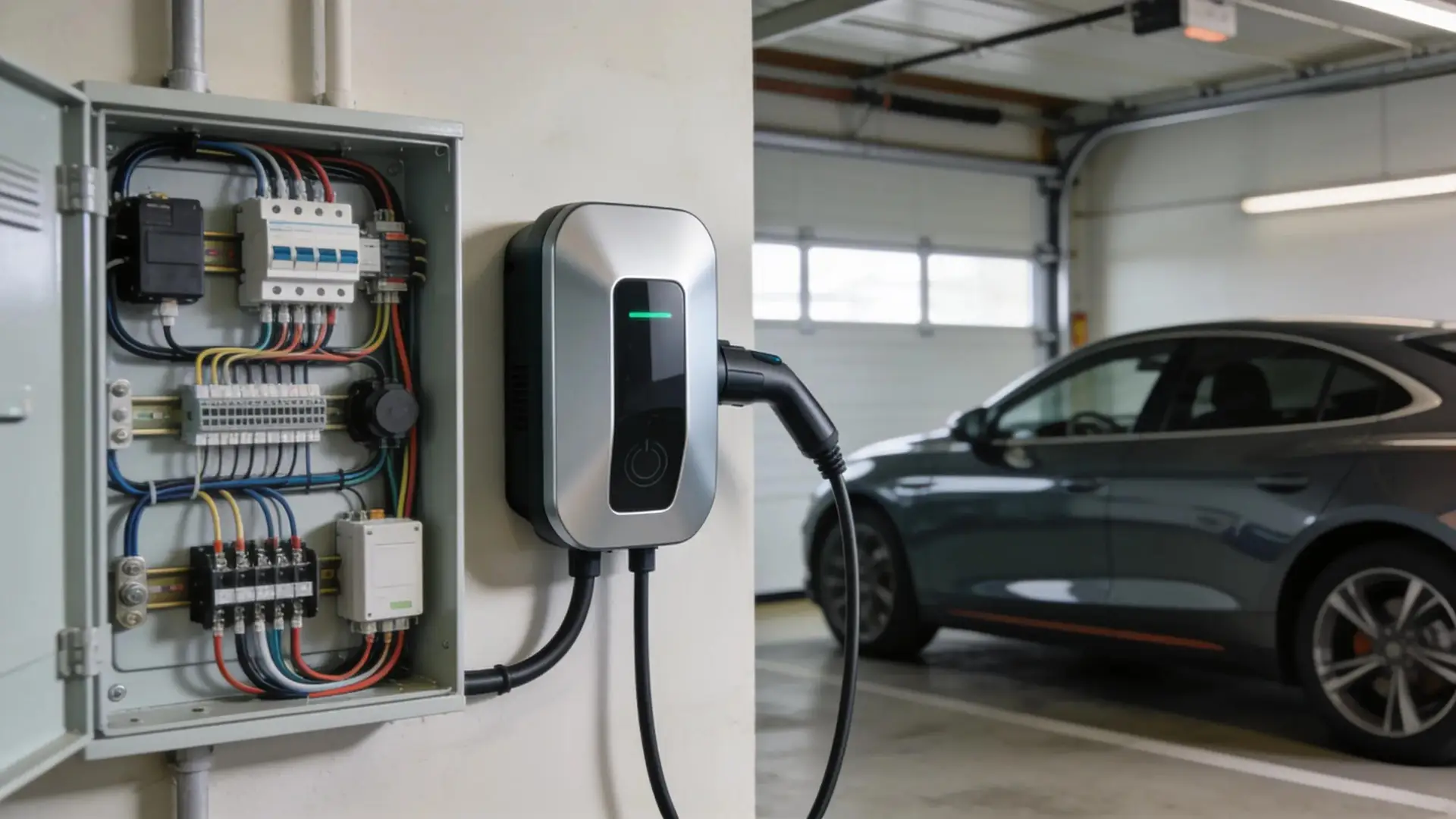Modern EV charger linked to an electrical panel, highlighting home charging setup